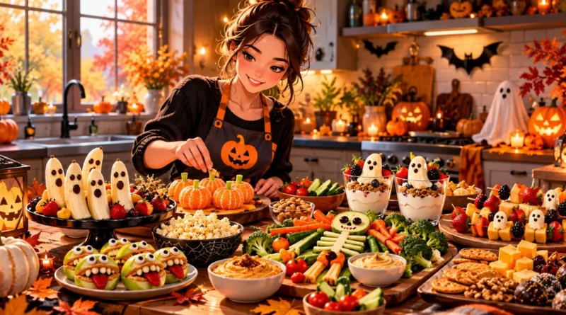 Healthy Halloween snack ideas with fruit, vegetables, hummus, cheese, popcorn, and festive seasonal treats on an American fall table.