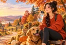 Anime-style autumn wellness illustration of a woman drinking water beside a golden retriever, pumpkins, and fall foliage during October.