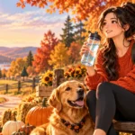 Anime-style autumn wellness illustration of a woman drinking water beside a golden retriever, pumpkins, and fall foliage during October.
