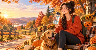 Anime-style autumn wellness illustration of a woman drinking water beside a golden retriever, pumpkins, and fall foliage during October.