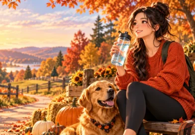 Anime-style autumn wellness illustration of a woman drinking water beside a golden retriever, pumpkins, and fall foliage during October.