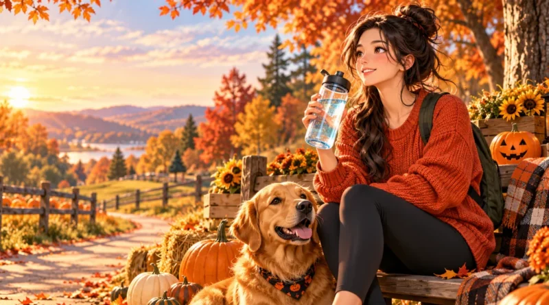 Anime-style autumn wellness illustration of a woman drinking water beside a golden retriever, pumpkins, and fall foliage during October.