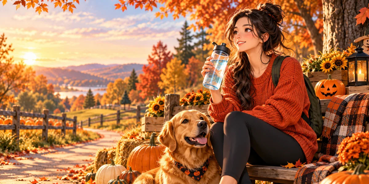Anime-style autumn wellness illustration of a woman drinking water beside a golden retriever, pumpkins, and fall foliage during October.