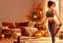 Anime-style illustration of a woman warming up at home beside Halloween pumpkins for a quick morning workout.