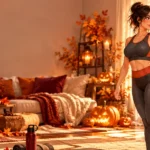 Anime-style illustration of a woman warming up at home beside Halloween pumpkins for a quick morning workout.