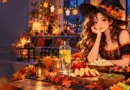 Anime-style Halloween wellness scene with glowing pumpkins, healthy snacks, candy, and a water bottle.