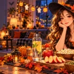 Anime-style Halloween wellness scene with glowing pumpkins, healthy snacks, candy, and a water bottle.