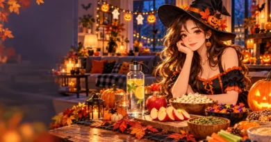 Anime-style Halloween wellness scene with glowing pumpkins, healthy snacks, candy, and a water bottle.