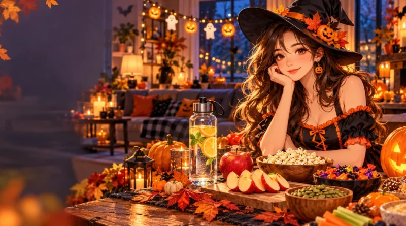 Anime-style Halloween wellness scene with glowing pumpkins, healthy snacks, candy, and a water bottle.