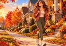 Anime-style illustration of a woman walking past Halloween pumpkins and autumn foliage in an American neighborhood.