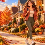 Anime-style illustration of a woman walking past Halloween pumpkins and autumn foliage in an American neighborhood.