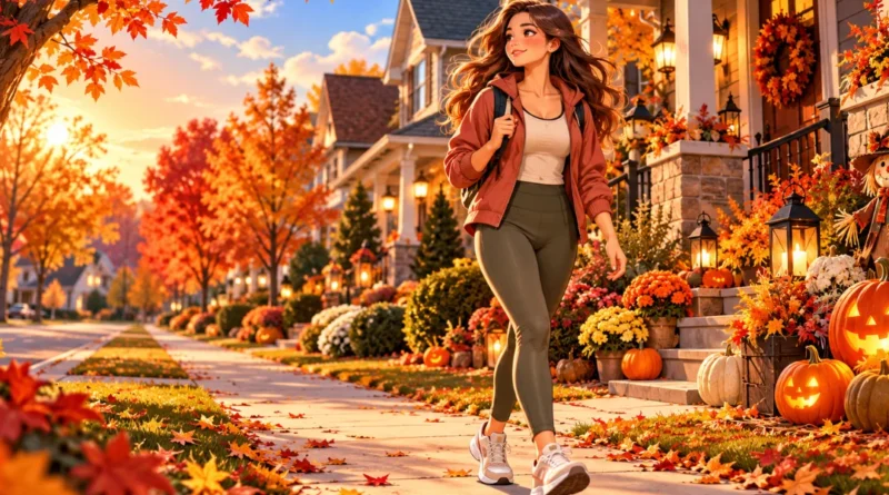 Anime-style illustration of a woman walking past Halloween pumpkins and autumn foliage in an American neighborhood.