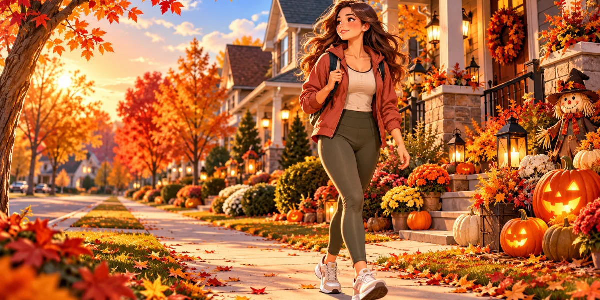 Anime-style illustration of a woman walking past Halloween pumpkins and autumn foliage in an American neighborhood.