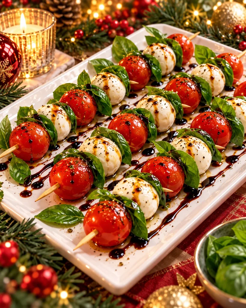Caprese appetizer skewers with cherry tomatoes, mozzarella balls, fresh basil, and balsamic glaze.