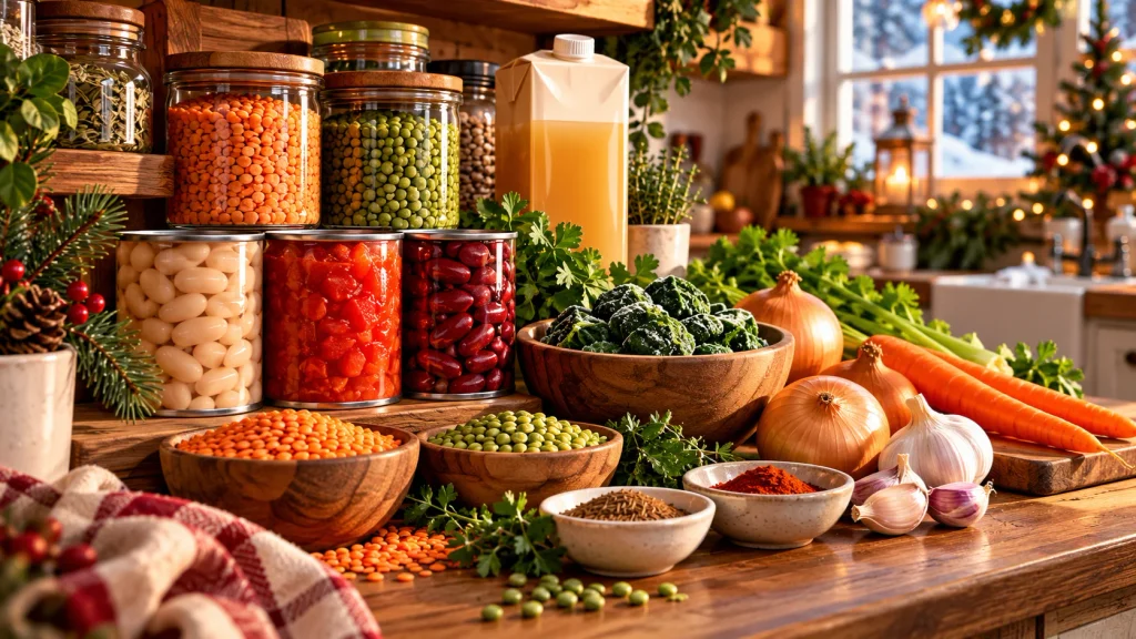 Healthy soup pantry essentials including canned beans, tomatoes, dried lentils, broth, carrots, and spices.