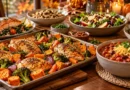 Healthy fall dinner ideas with chicken, salmon, vegetables, sweet potatoes and chili on a cozy American dinner table.