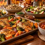 Healthy fall dinner ideas with chicken, salmon, vegetables, sweet potatoes and chili on a cozy American dinner table.