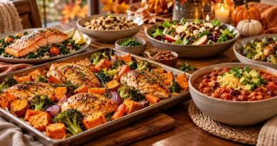 Healthy fall dinner ideas with chicken, salmon, vegetables, sweet potatoes and chili on a cozy American dinner table.