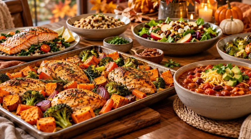 Healthy fall dinner ideas with chicken, salmon, vegetables, sweet potatoes and chili on a cozy American dinner table.