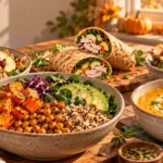 Healthy fall lunch ideas featuring roasted sweet potato and chickpea bowls, butternut squash soup, whole-wheat wraps, and fresh autumn produce.