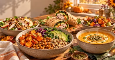 Healthy fall lunch ideas featuring roasted sweet potato and chickpea bowls, butternut squash soup, whole-wheat wraps, and fresh autumn produce.
