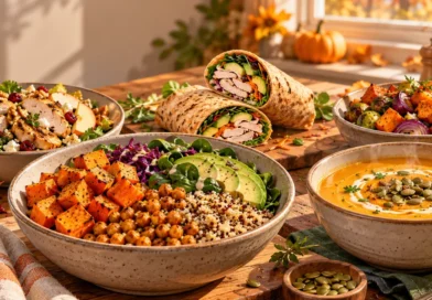 Healthy fall lunch ideas featuring roasted sweet potato and chickpea bowls, butternut squash soup, whole-wheat wraps, and fresh autumn produce.