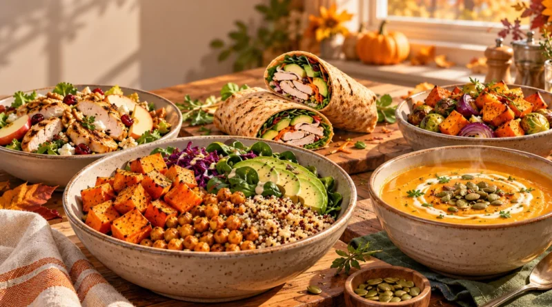 Healthy fall lunch ideas featuring roasted sweet potato and chickpea bowls, butternut squash soup, whole-wheat wraps, and fresh autumn produce.