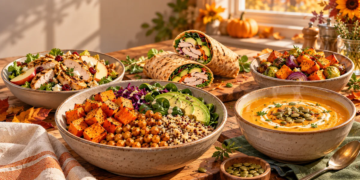 Healthy fall lunch ideas featuring roasted sweet potato and chickpea bowls, butternut squash soup, whole-wheat wraps, and fresh autumn produce.