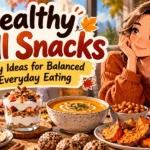 Healthy fall snacks with fruit, Greek yogurt, pumpkin seeds, vegetables and whole grains