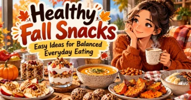 Healthy fall snacks with fruit, Greek yogurt, pumpkin seeds, vegetables and whole grains