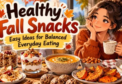 Healthy fall snacks with fruit, Greek yogurt, pumpkin seeds, vegetables and whole grains