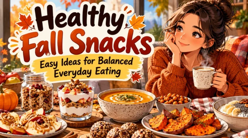 Healthy fall snacks with fruit, Greek yogurt, pumpkin seeds, vegetables and whole grains