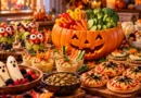 Healthy Halloween party food ideas featuring a jack-o’-lantern vegetable platter, monster fruit cups, hummus, and mini whole-grain pizzas.