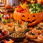 Healthy Halloween party food ideas featuring a jack-o’-lantern vegetable platter, monster fruit cups, hummus, and mini whole-grain pizzas.
