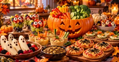 Healthy Halloween party food ideas featuring a jack-o’-lantern vegetable platter, monster fruit cups, hummus, and mini whole-grain pizzas.