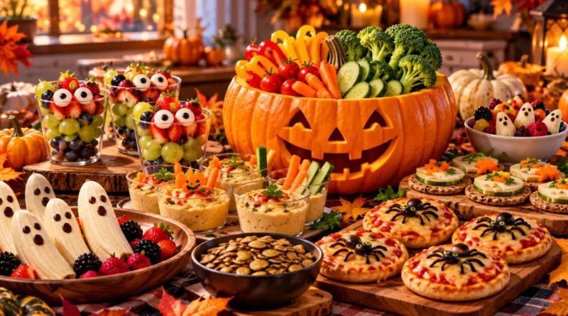 Healthy Halloween party food ideas featuring a jack-o’-lantern vegetable platter, monster fruit cups, hummus, and mini whole-grain pizzas.