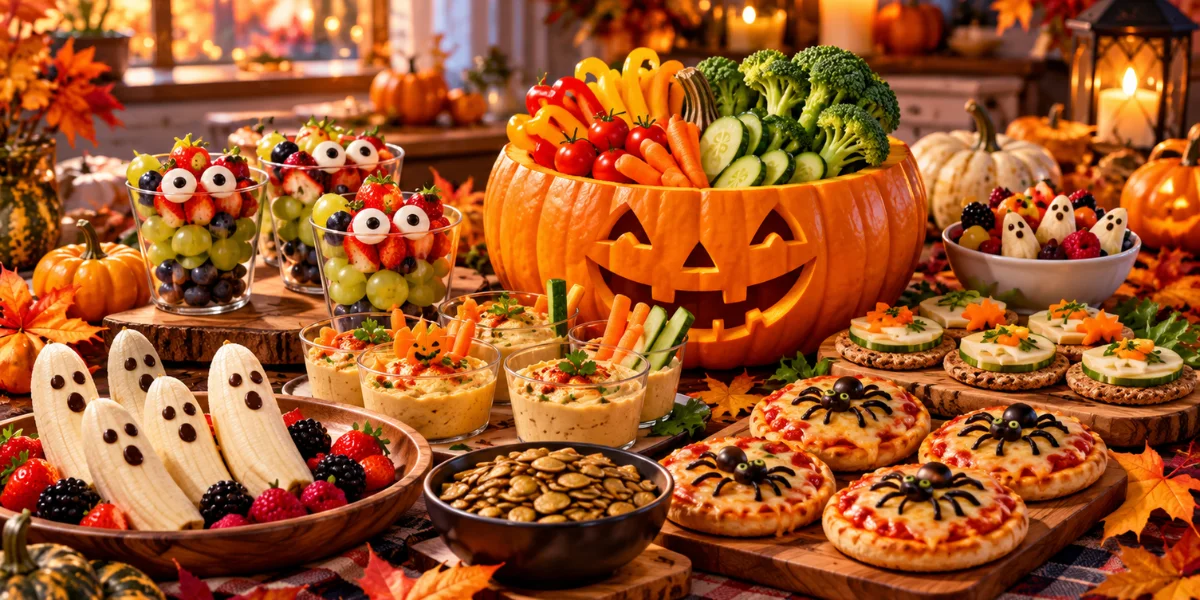 Healthy Halloween party food ideas featuring a jack-o’-lantern vegetable platter, monster fruit cups, hummus, and mini whole-grain pizzas.