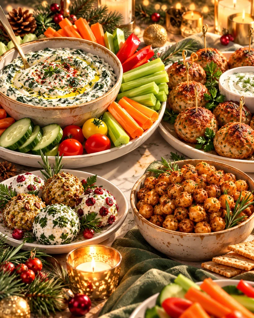 Healthy holiday appetizer alternatives featuring Greek yogurt dip, baked turkey meatballs, vegetables, and roasted chickpeas.