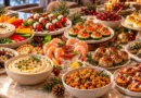 Healthy holiday party appetizers including vegetable dip, caprese skewers, turkey meatballs, stuffed dates, and roasted chickpeas.