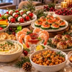 Healthy holiday party appetizers including vegetable dip, caprese skewers, turkey meatballs, stuffed dates, and roasted chickpeas.