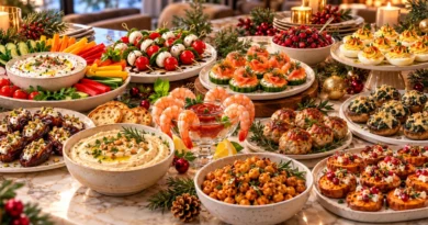 Healthy holiday party appetizers including vegetable dip, caprese skewers, turkey meatballs, stuffed dates, and roasted chickpeas.