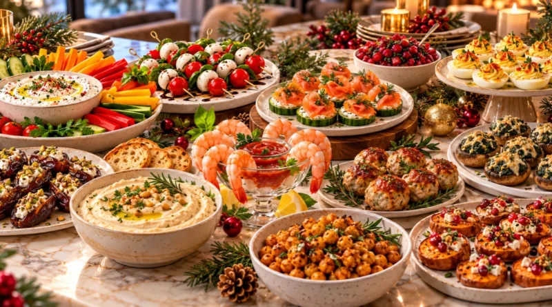 Healthy holiday party appetizers including vegetable dip, caprese skewers, turkey meatballs, stuffed dates, and roasted chickpeas.