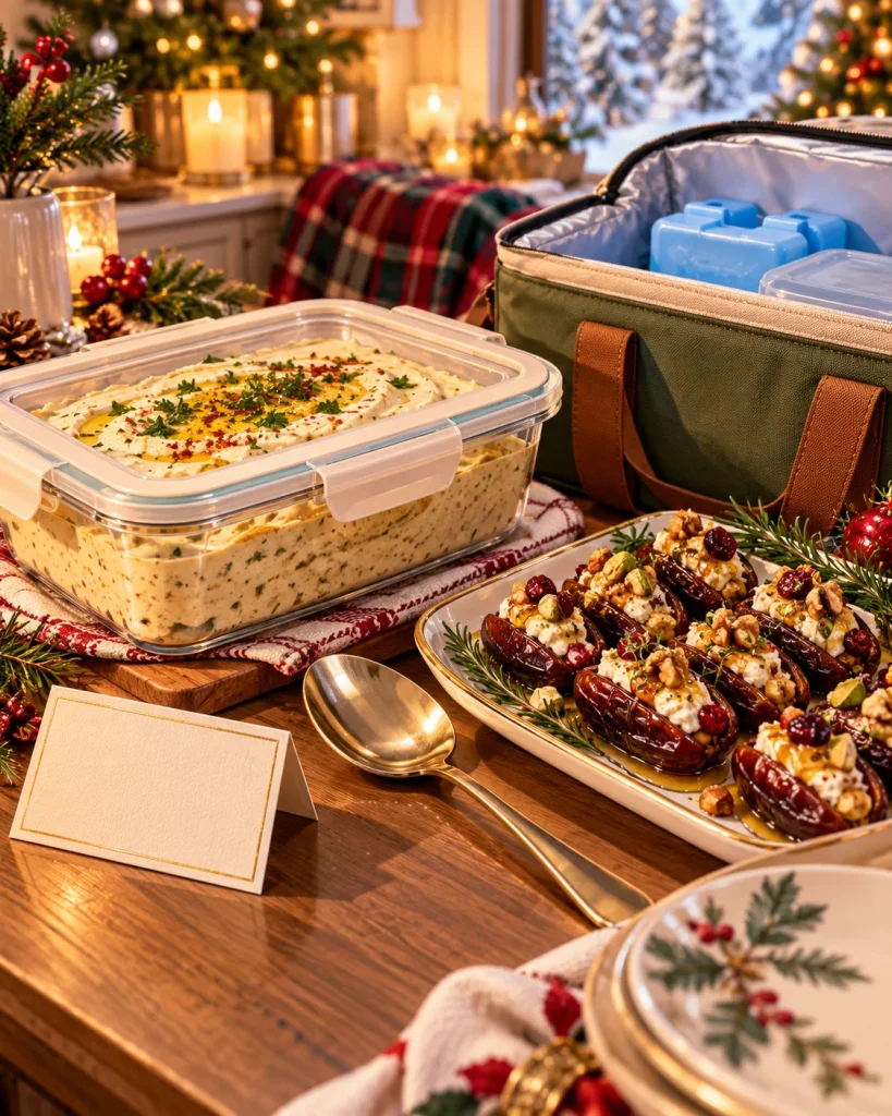 White bean dip, stuffed dates, and a cooler prepared for bringing healthy appetizers to a holiday party.