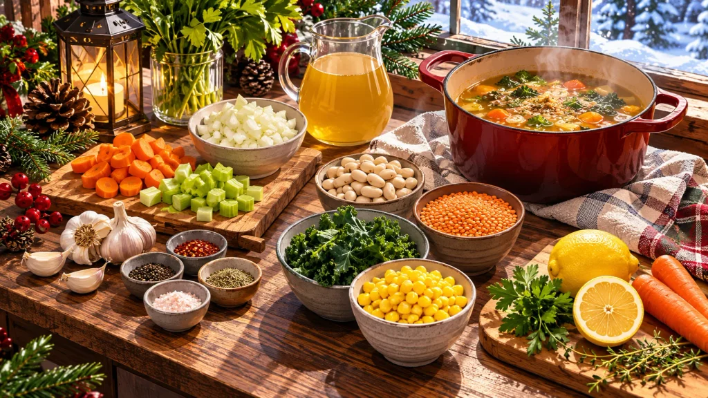 Fresh ingredients for homemade healthy soup including onion, carrots, beans, broth, spices, and lemon.