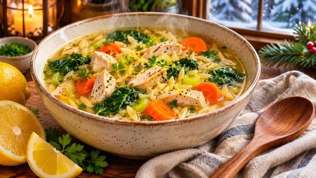 Healthy lemon chicken vegetable soup with spinach, carrots, celery, and whole-wheat orzo.