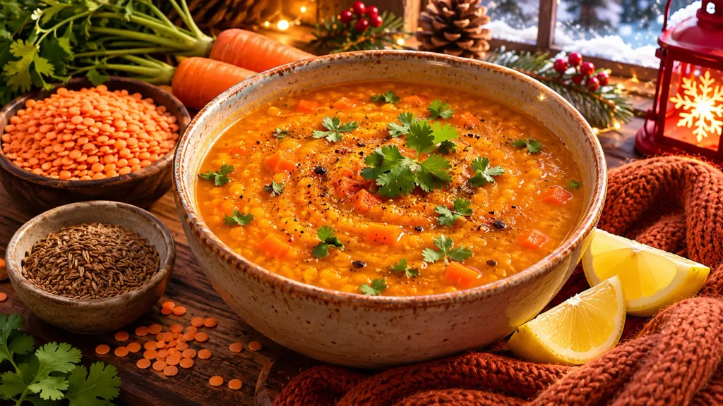 Red lentil and carrot soup with cumin, lemon, and fresh herbs in a rustic bowl.