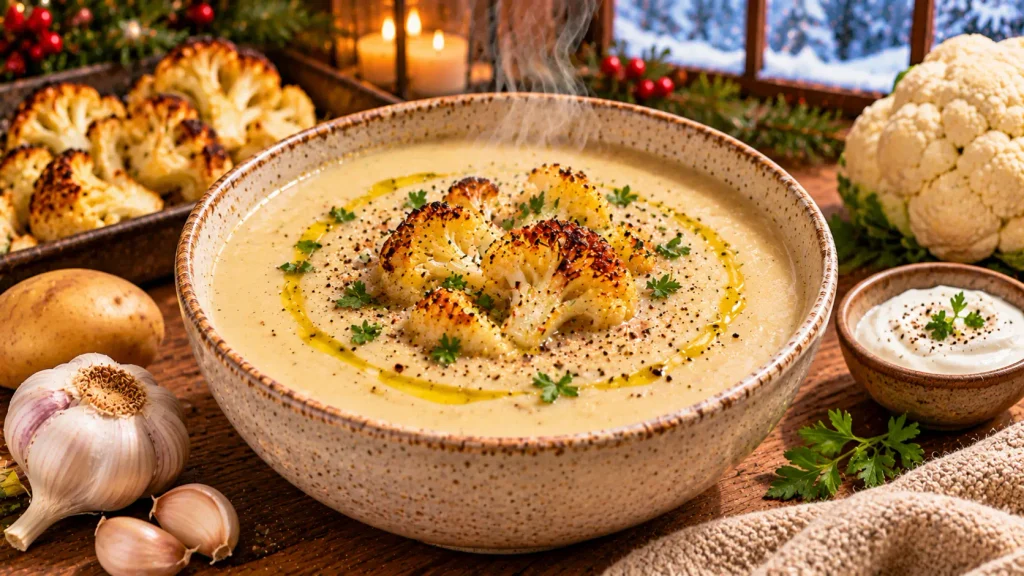 Roasted cauliflower soup with golden cauliflower florets, garlic, and fresh black pepper.