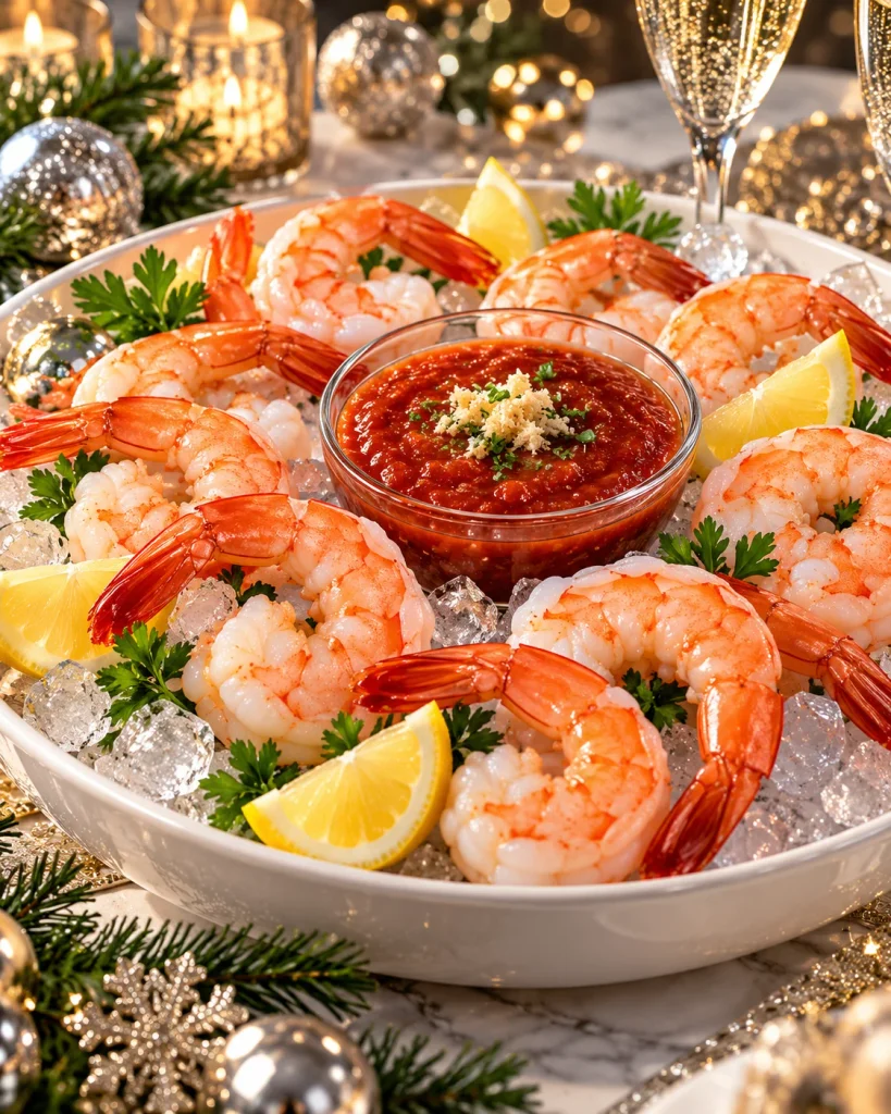 Chilled shrimp cocktail with lemon wedges and tomato-horseradish dipping sauce on ice.