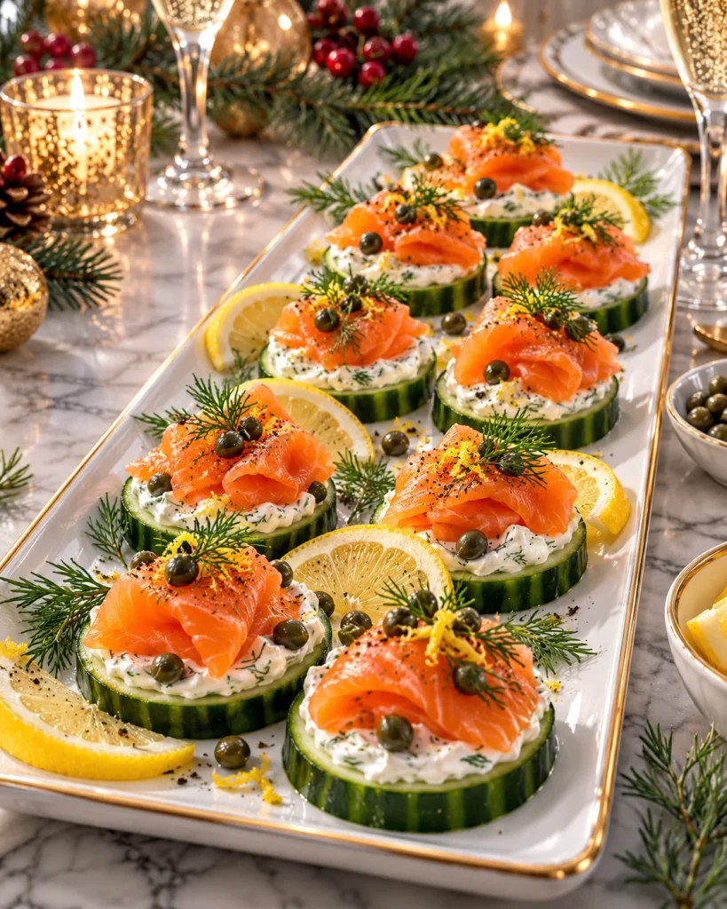 Smoked salmon cucumber rounds topped with Greek yogurt, fresh dill, lemon, and capers.