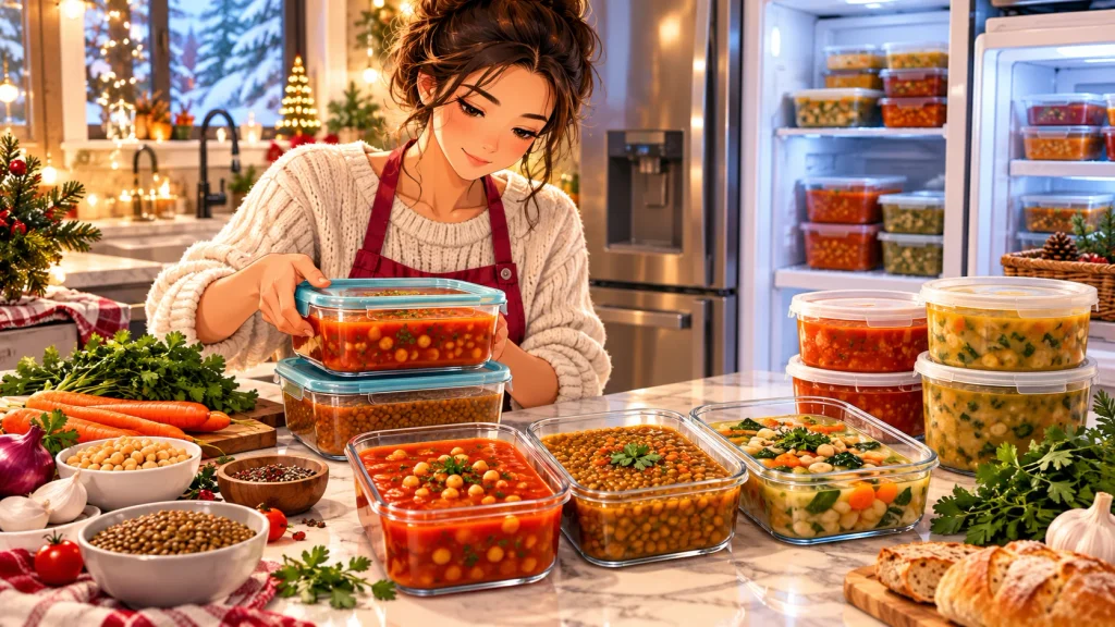Homemade soup stored in shallow food-safe containers for refrigerator storage and freezer meal prep.